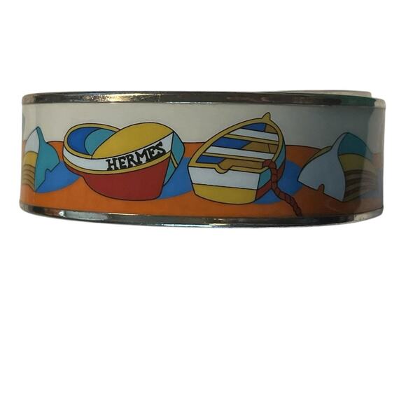 Hermès Thalassa Enamel Bangle Bracelet Silver Tone Wide White Blue Boat Design - Picture 10 of 12